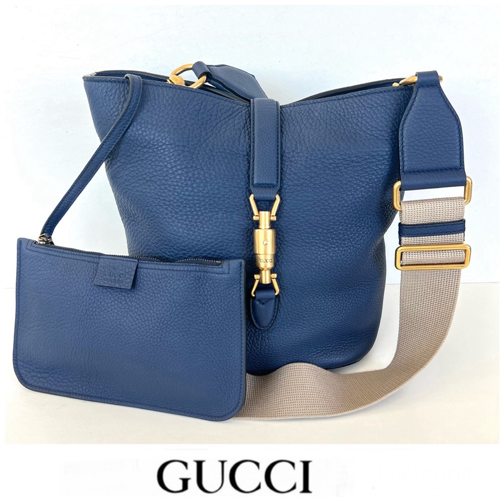 GUCCI Jackie Small Blue Marine Soft Grained Leather Crossbody Tote Bucket Bag